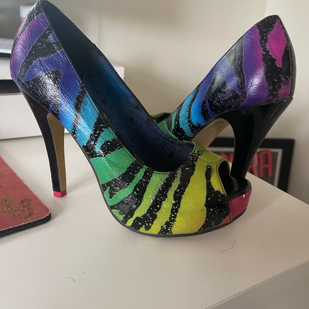 Iron Fist rainbow neon zebra peeptoe high heels